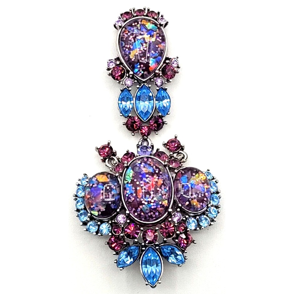 JOAN RIVERS FOILED PURPLE BLUE CABOCHON BROOCH SILVERTONE‎ DANGLE PIN